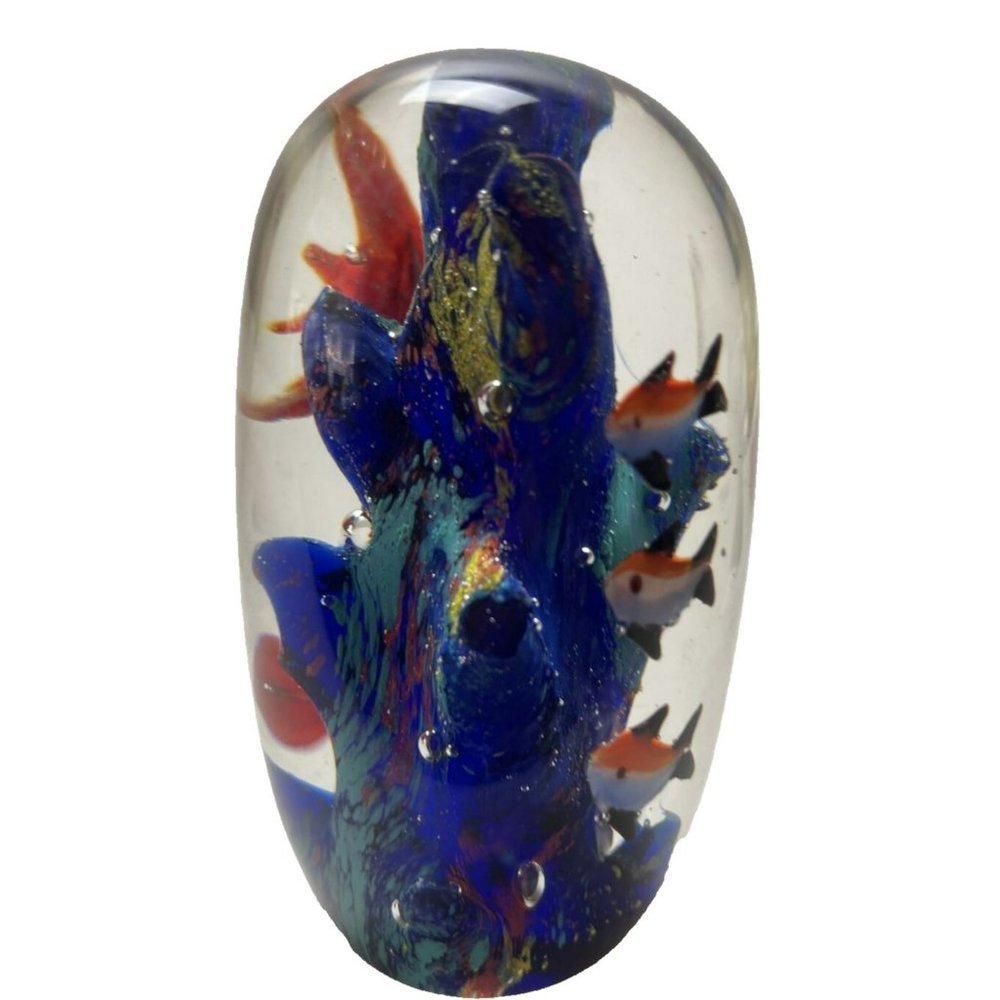 Vintage Art Glass Aquarium Fish Coral Paper Weight Tall Oblong Shape 4.5 Inch